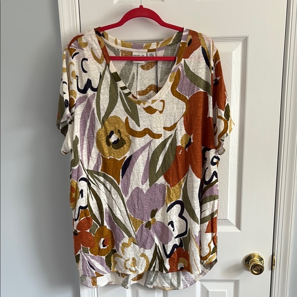 Rachel Zoe 100% Linen High Low Floral Graphic Relaxed Tee V-Neck Size 2X - Picture 1 of 5